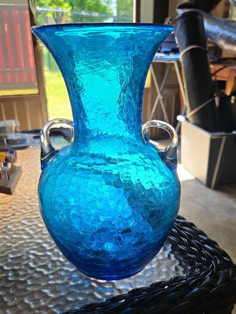 Antique Blue Crackle Glass Vase with Handles - 11 1/2 Inches Tall.